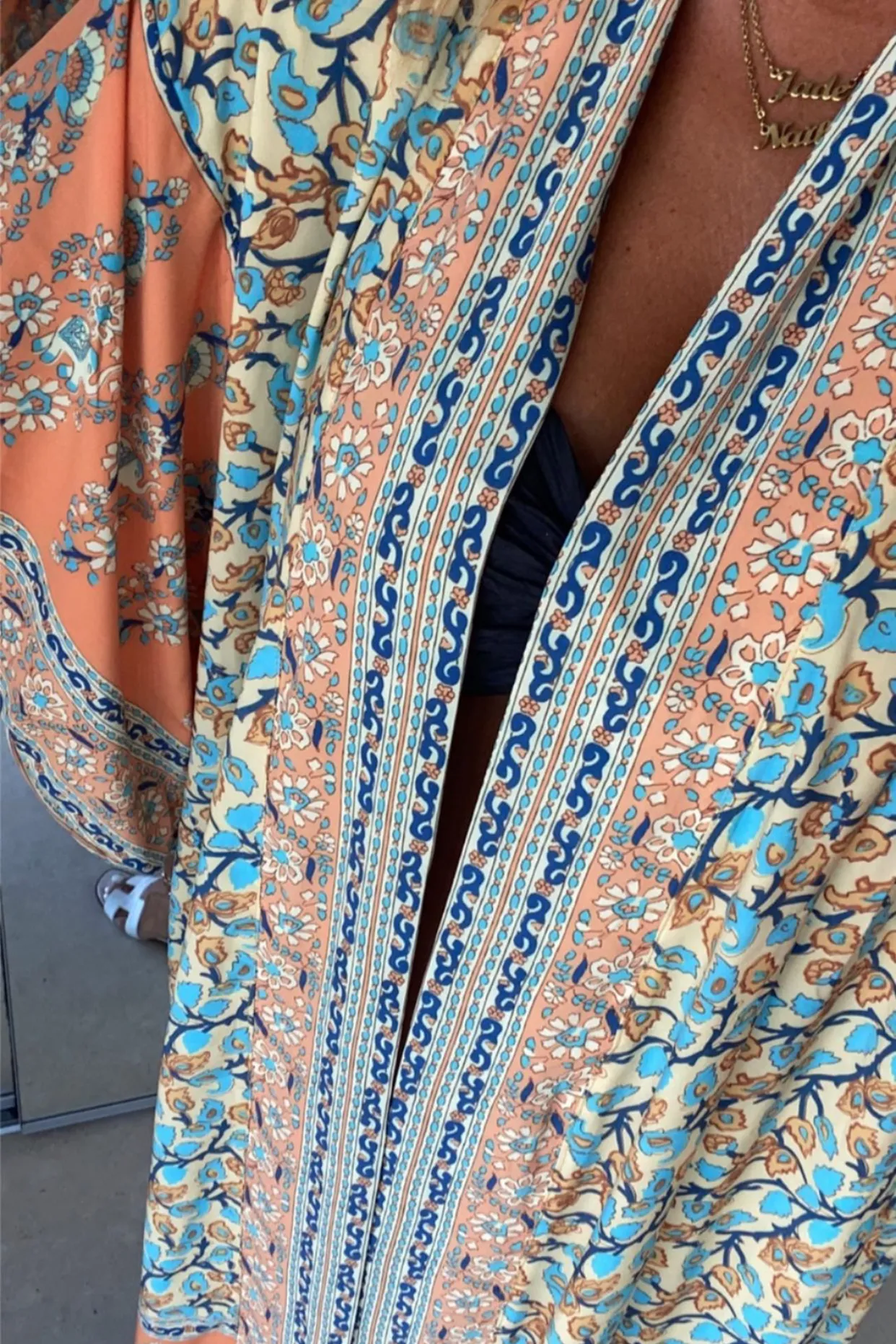 ORANGE ORIENTAL FLORAL PRINT KIMONO BLOUSE