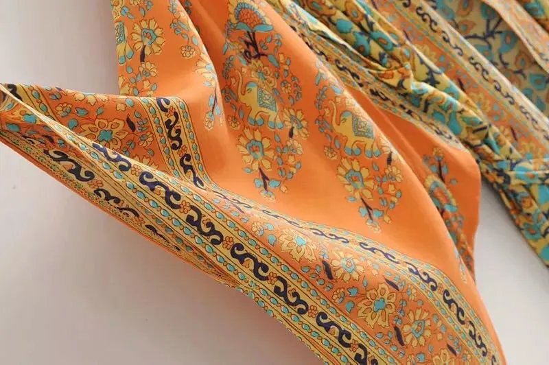 ORANGE ORIENTAL FLORAL PRINT KIMONO BLOUSE