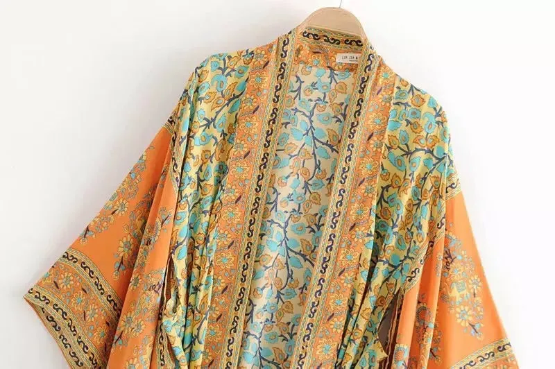 ORANGE ORIENTAL FLORAL PRINT KIMONO BLOUSE