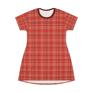 Orange Red Plaid T-shirt Dress, Best Tartan Print Designer Crew Neck T-shirt Dress-Made in USA