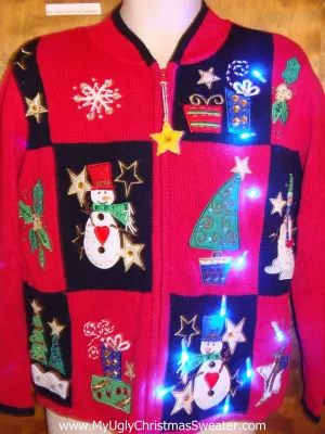 Patchwork Snowman and Trees Light Up Ugly Xmas Sweater