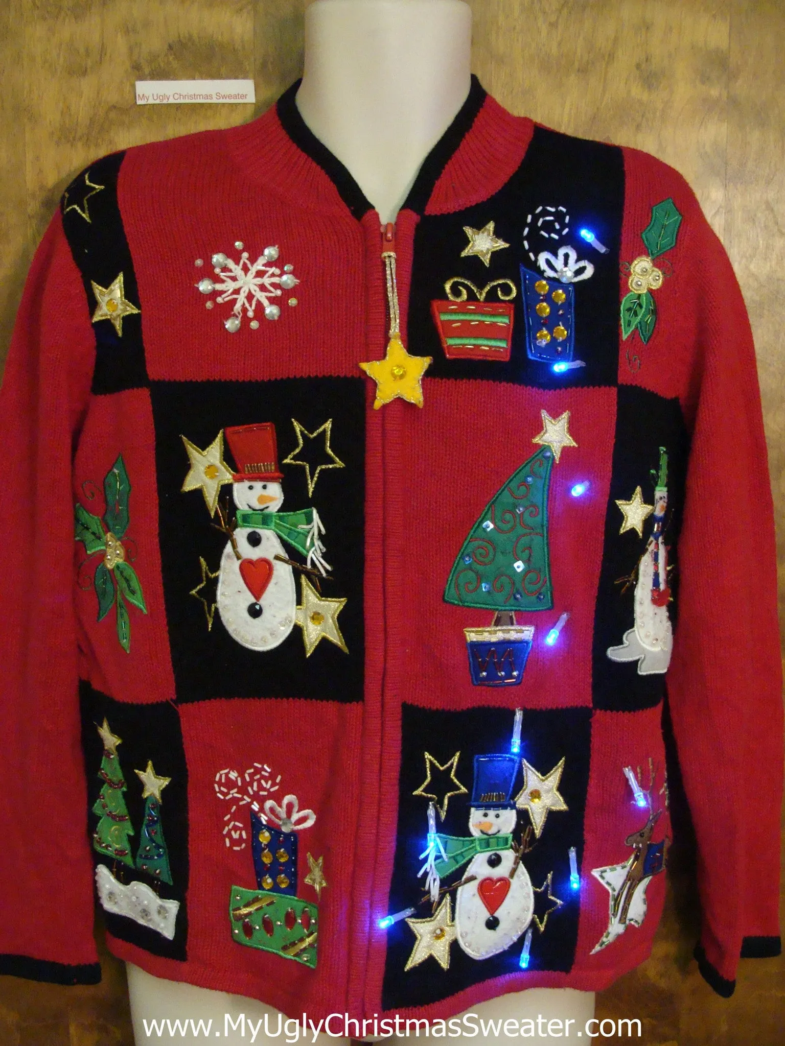 Patchwork Snowman and Trees Light Up Ugly Xmas Sweater