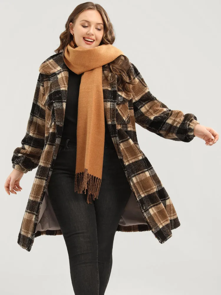 Plaid Flap Pocket Button Up Teddy Coat