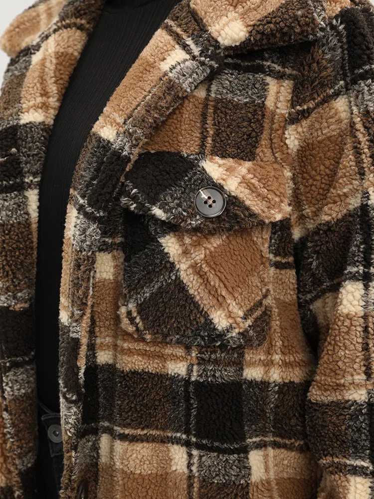 Plaid Flap Pocket Button Up Teddy Coat