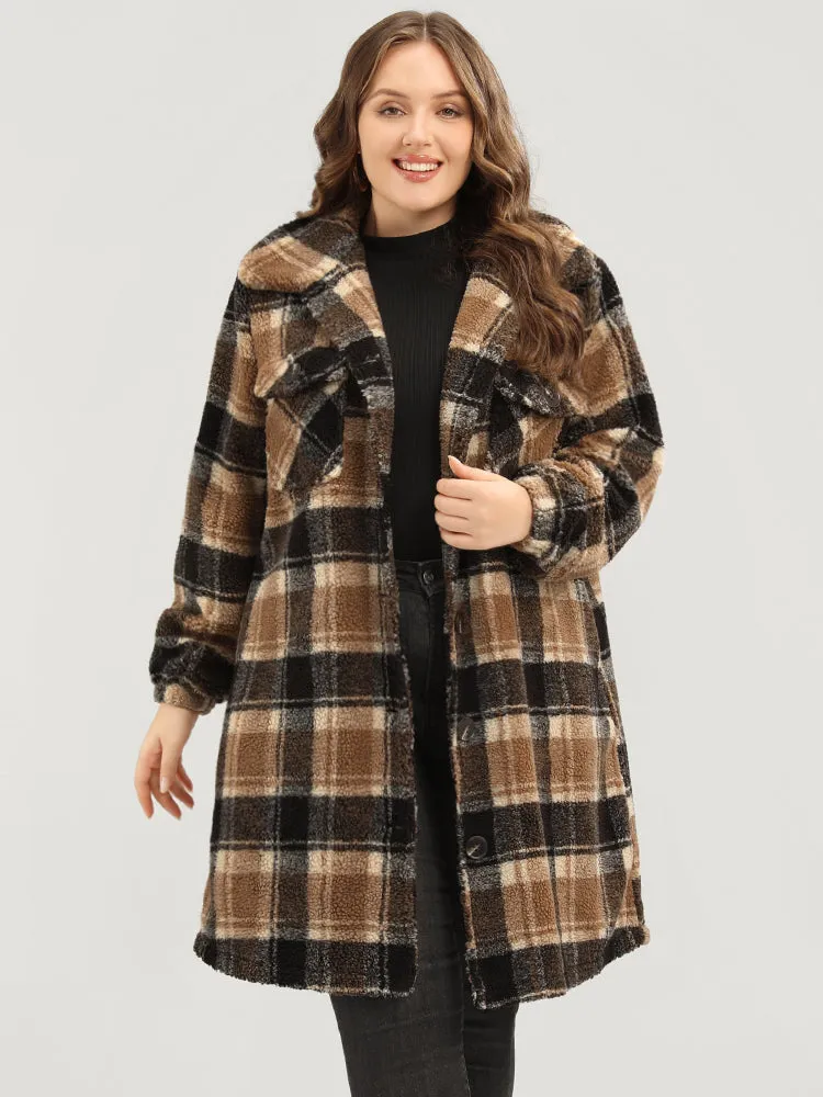 Plaid Flap Pocket Button Up Teddy Coat