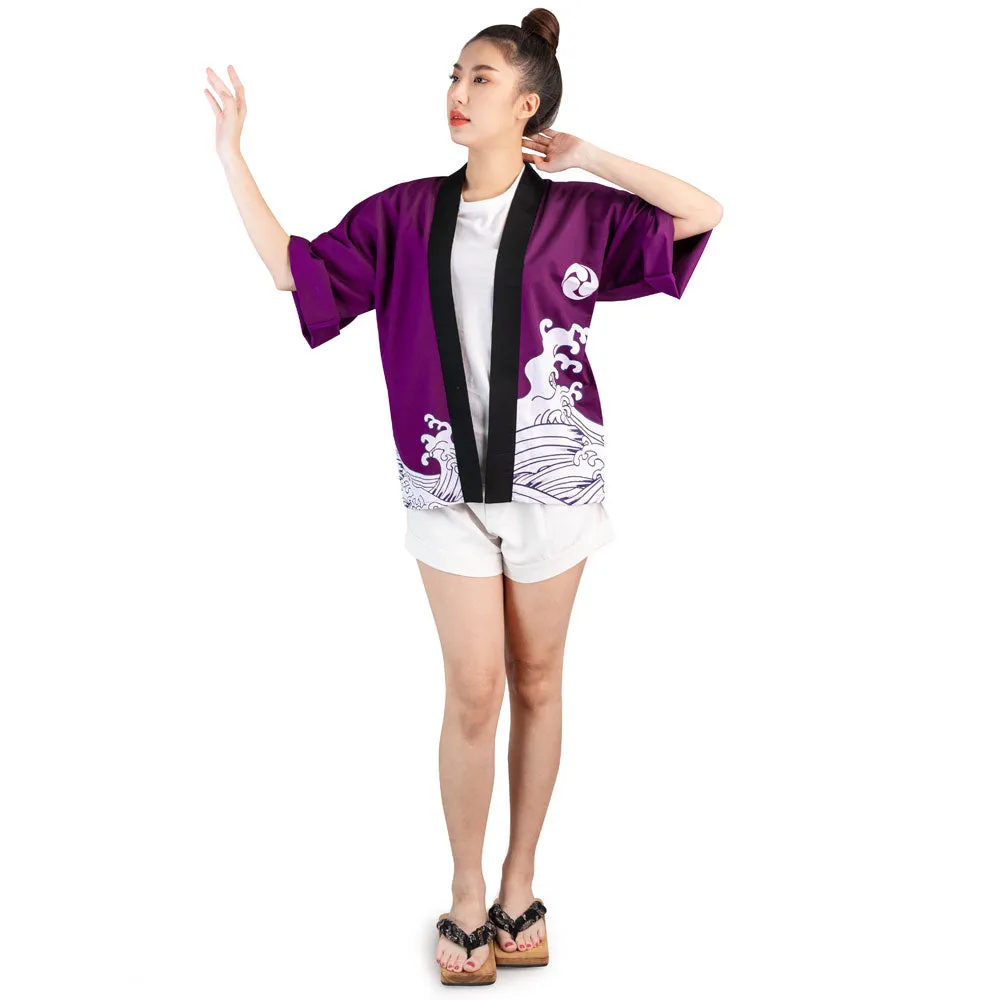 Purple Japanese Happi Kimono Jacket Murasaki Waves