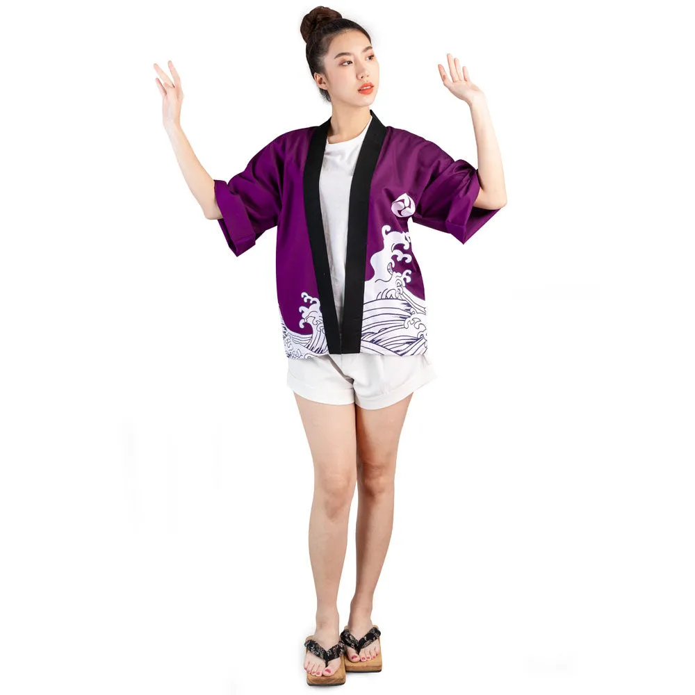 Purple Japanese Happi Kimono Jacket Murasaki Waves