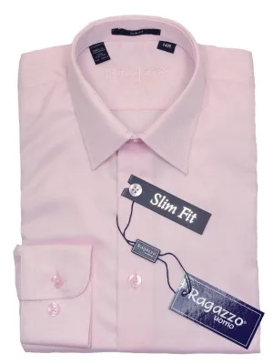 Ragazzo 20780 100% Cotton Boy's Slim Fit Dress Shirt - Tonal Herringbone - Pink, Modified Spread Collar