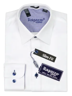 Ragazzo 37547 Boy's Dress Shirt - Diagonal Tonal Weave - Slim Fit - White/Navy