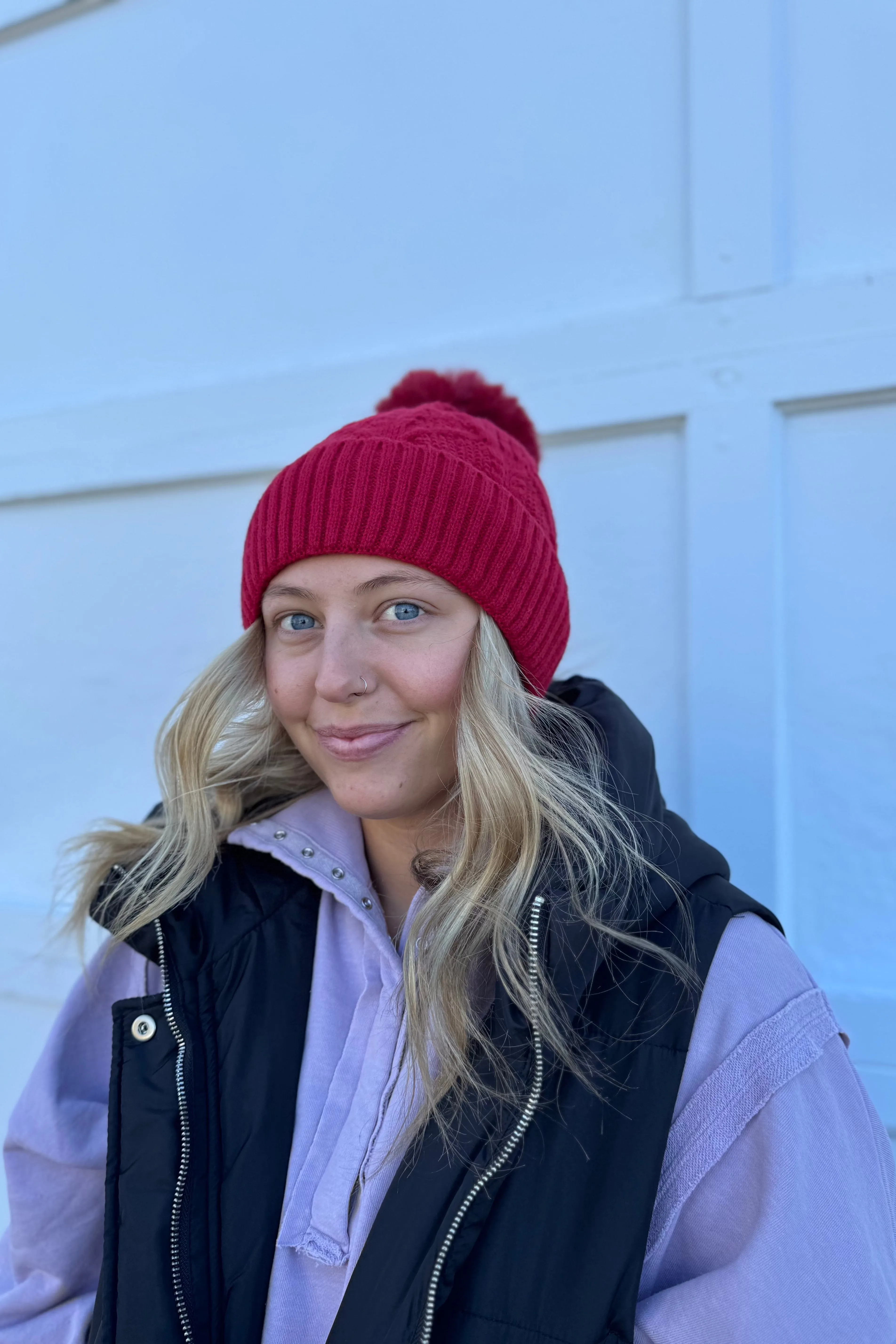 Red Knit Texture Lined Hat