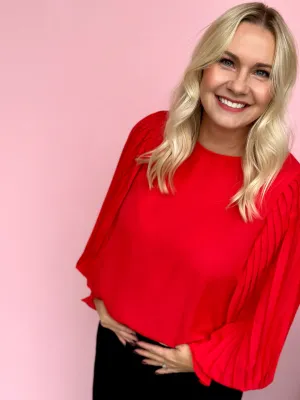 Red Pleat Balloon Sleeve Top-FINAL SALE