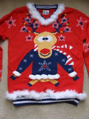 Red Reideer Christmas Sweater with Trim