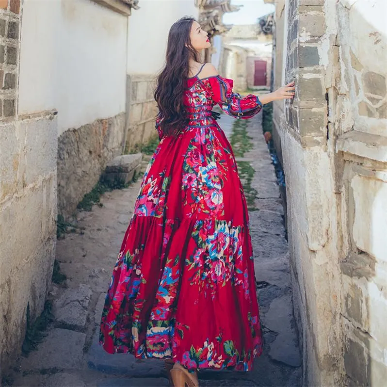 Retro Ethnic Boho Big Swing Floral Printed Maxi Dress