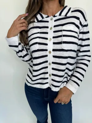 Sail Away Button Front-White/Black Stripe