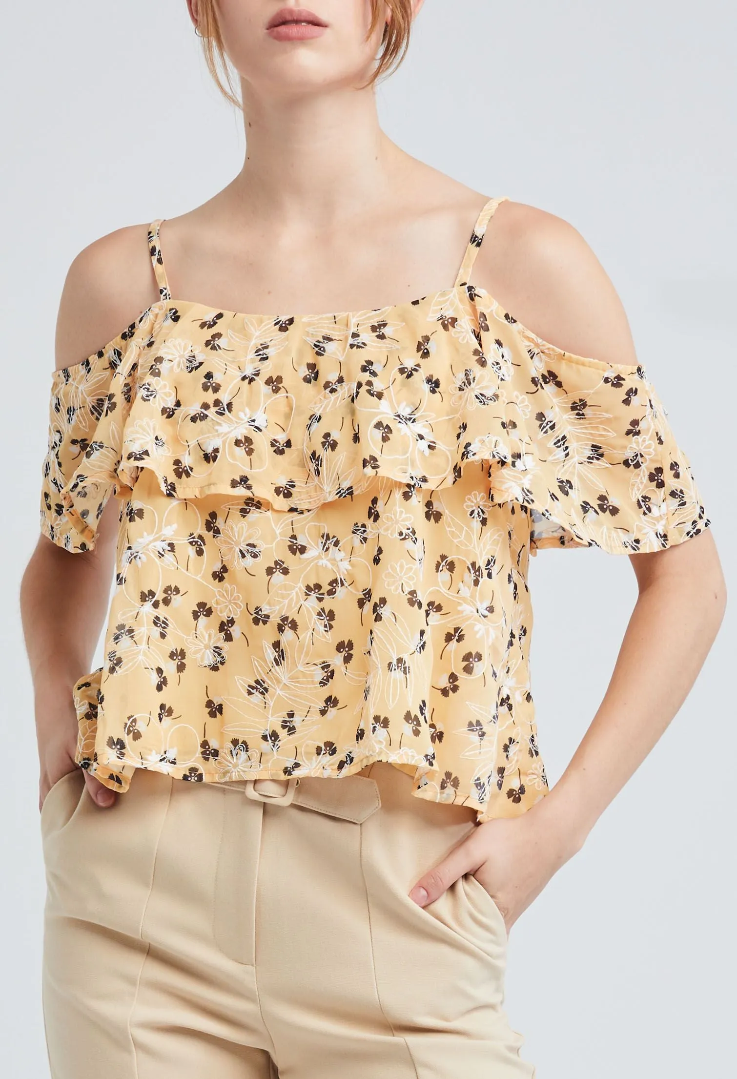 Scatter Floral Contrast Cold Shoulder Top