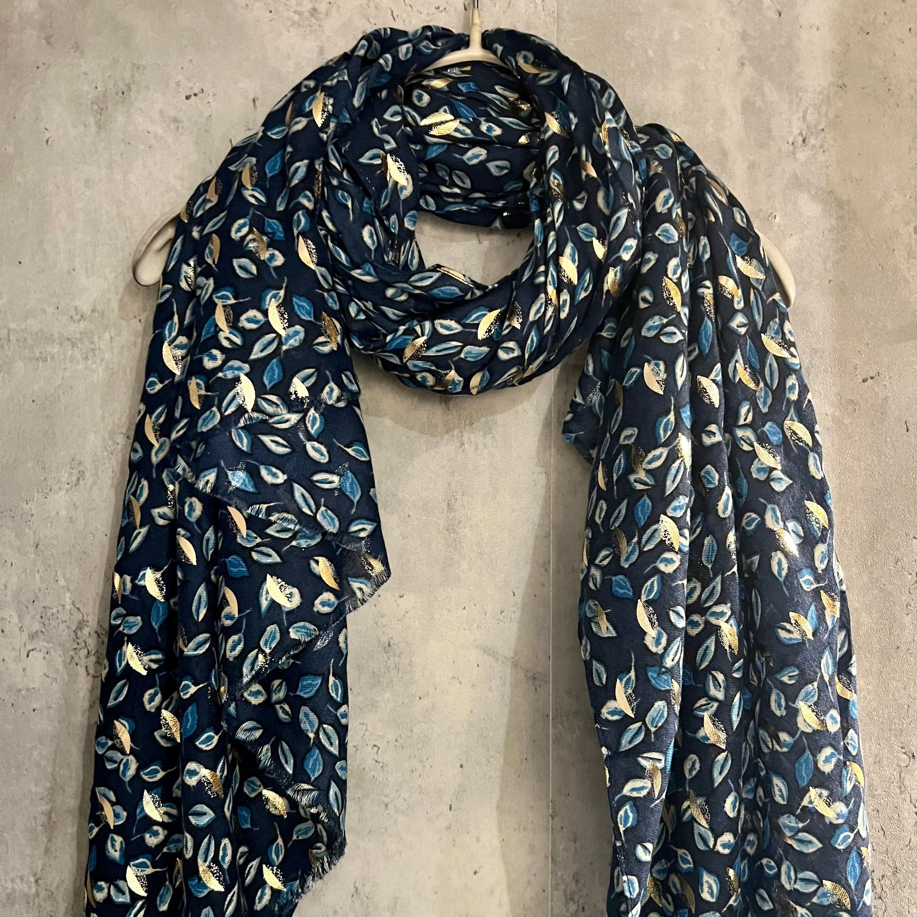 Seamless Small leaf’s With Gold Foil Blue Cotton Scarf/Summer Autumn Winter Scarf/Gifts For Mum/Gifts For Her Birthday Christmas/UK Seller