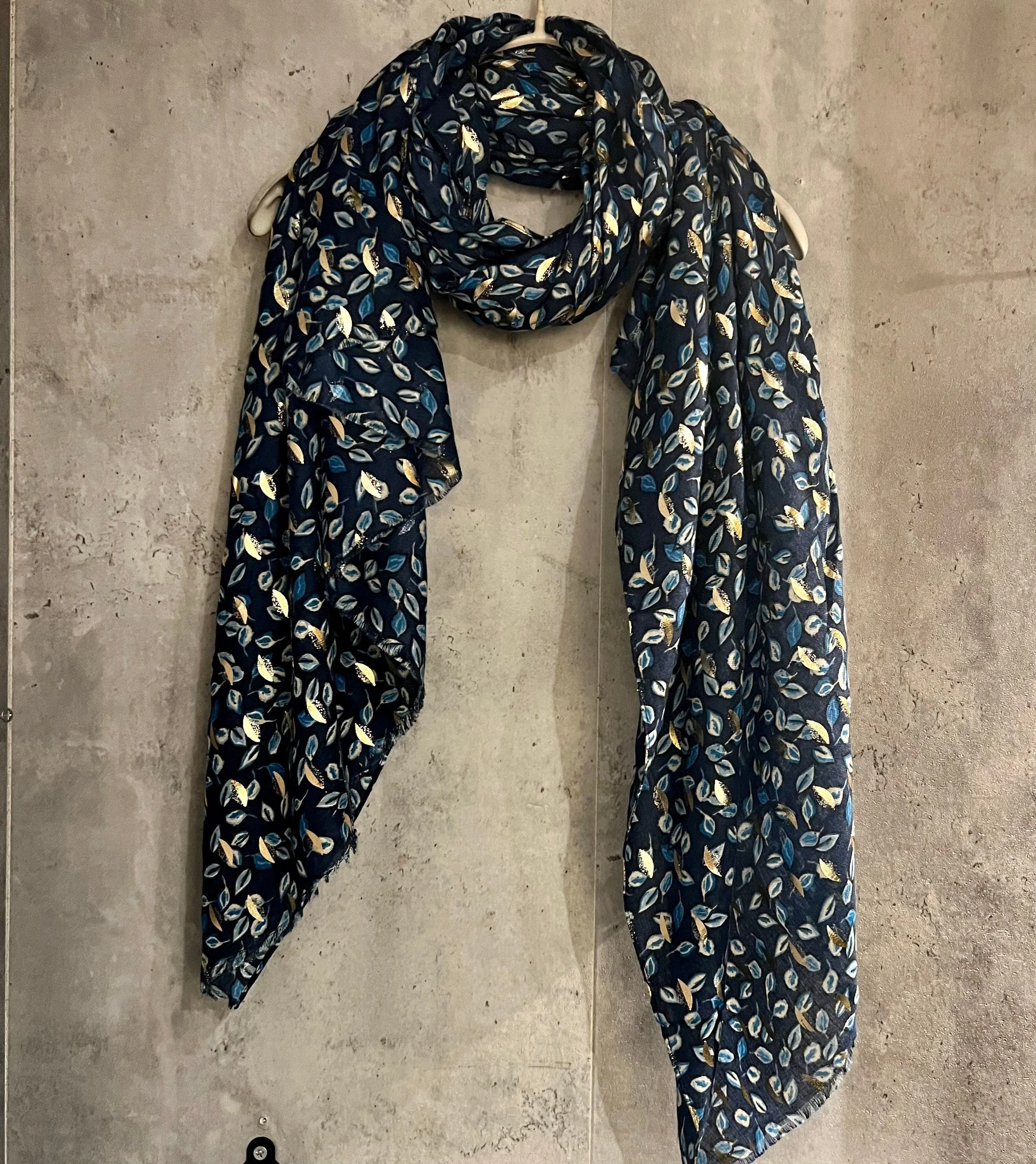 Seamless Small leaf’s With Gold Foil Blue Cotton Scarf/Summer Autumn Winter Scarf/Gifts For Mum/Gifts For Her Birthday Christmas/UK Seller