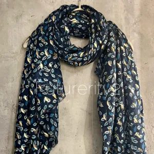 Seamless Small leaf’s With Gold Foil Blue Cotton Scarf/Summer Autumn Winter Scarf/Gifts For Mum/Gifts For Her Birthday Christmas/UK Seller