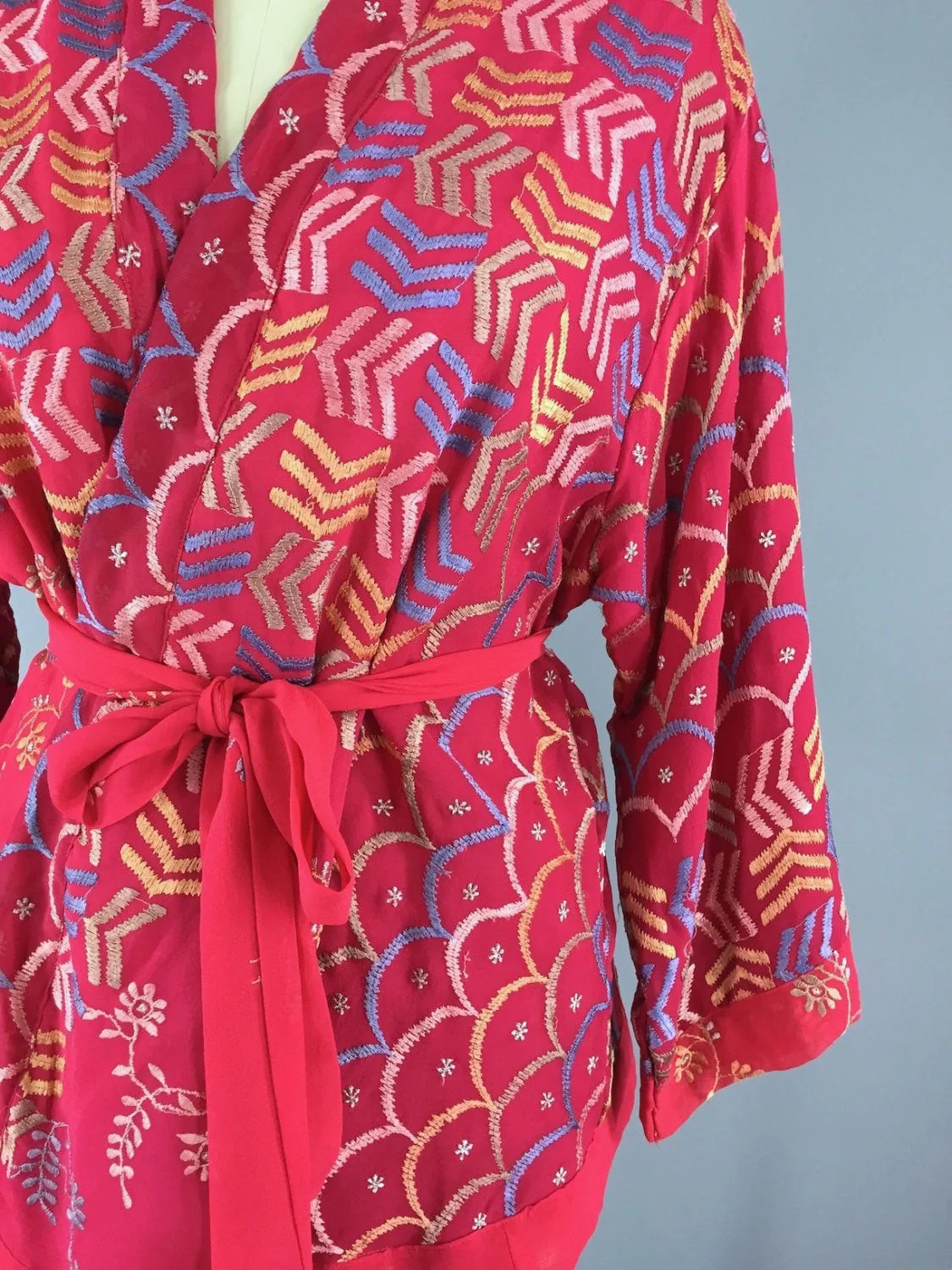 Silk Chiffon Kimono Cardigan / Vintage Indian Sari / Red Chevrons