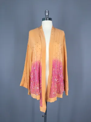 Silk Kimono Jacket / Vintage Indian Sari / Apricot Ombre Silk Sequined Kimono