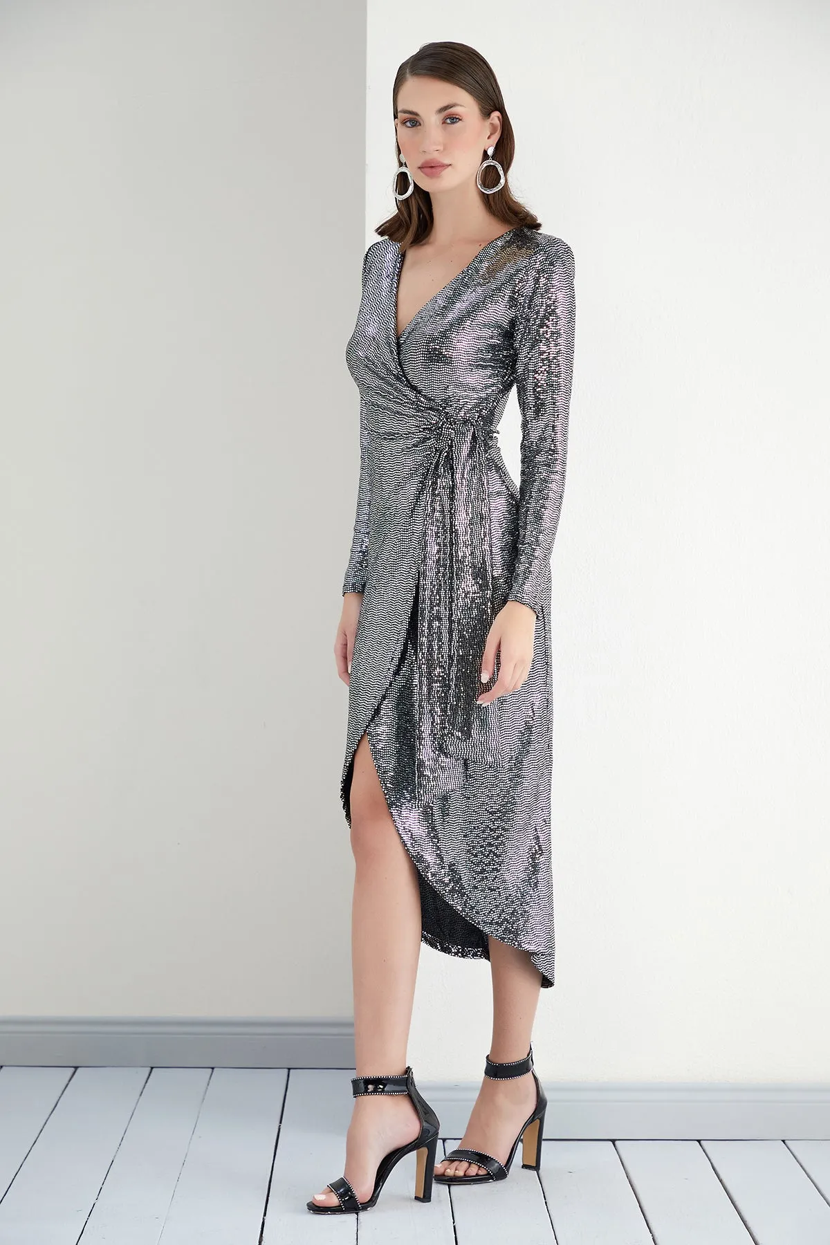 Silver Sequin Elegance Wrap Dress