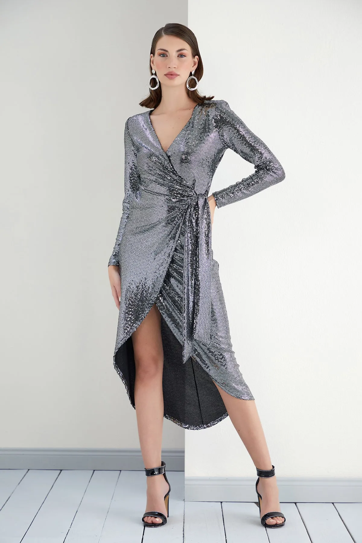 Silver Sequin Elegance Wrap Dress