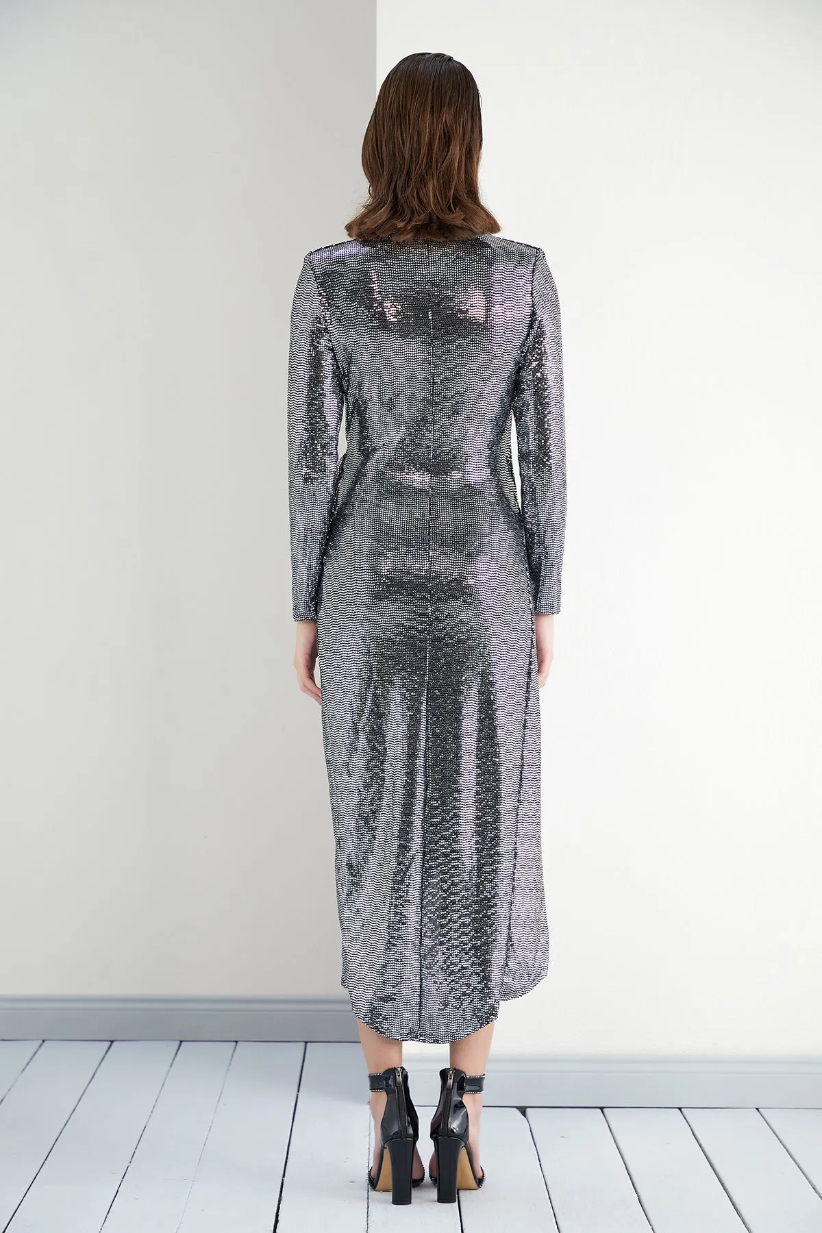 Silver Sequin Elegance Wrap Dress