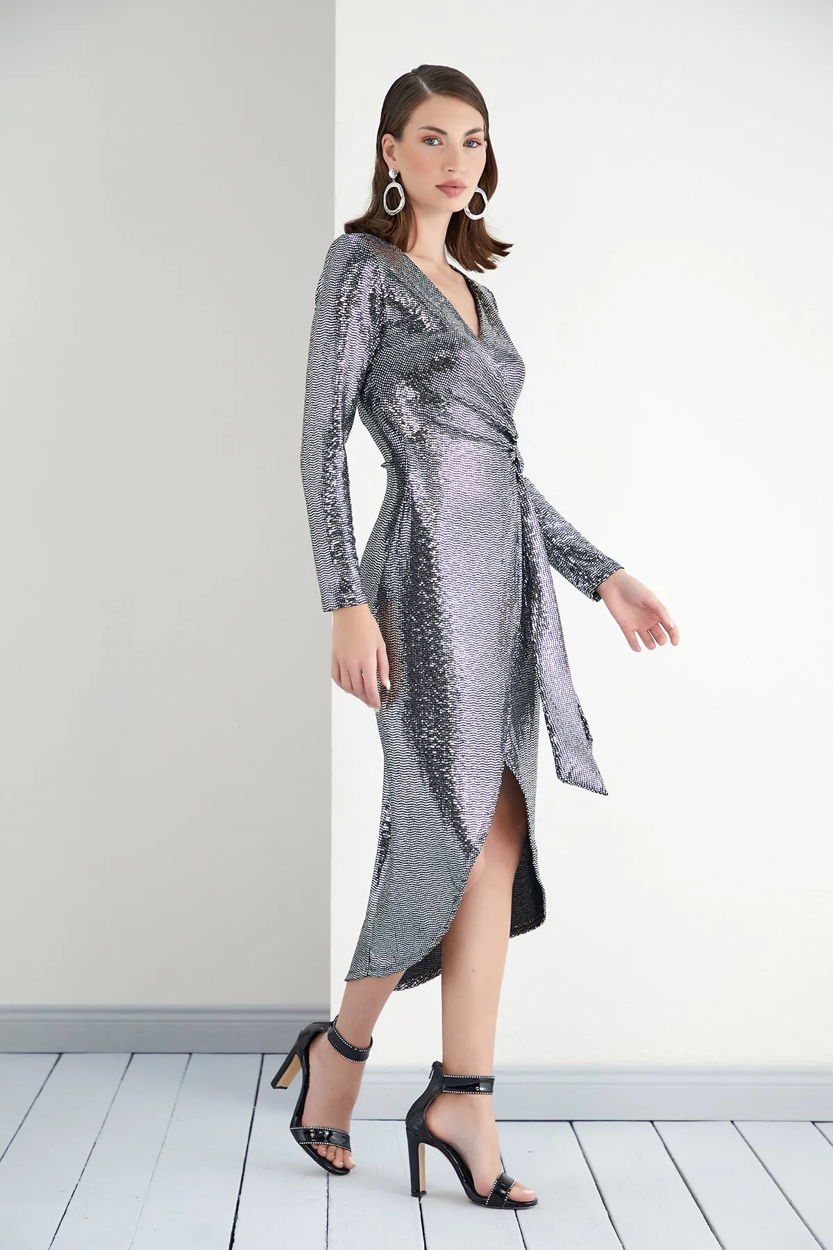 Silver Sequin Elegance Wrap Dress