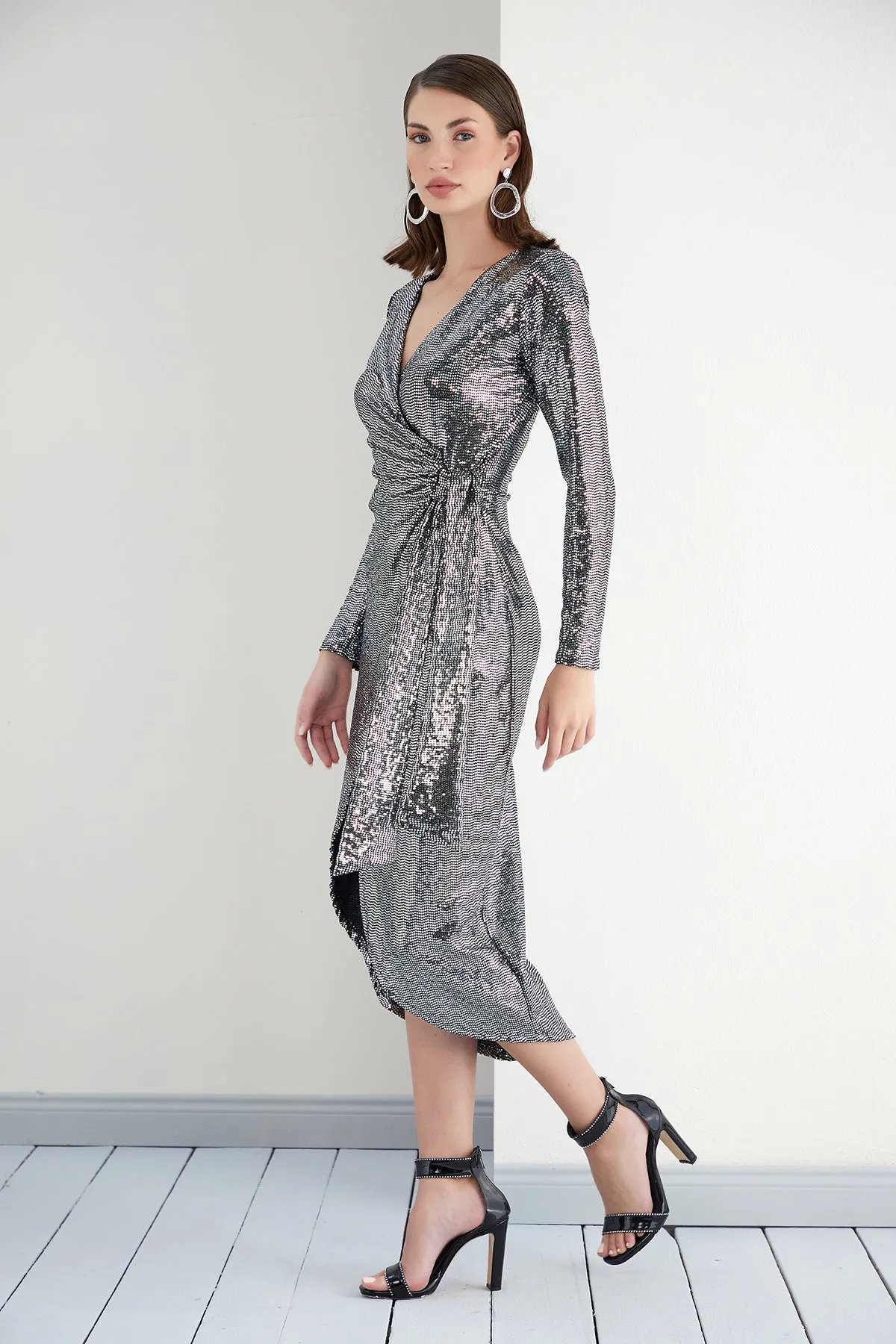 Silver Sequin Elegance Wrap Dress