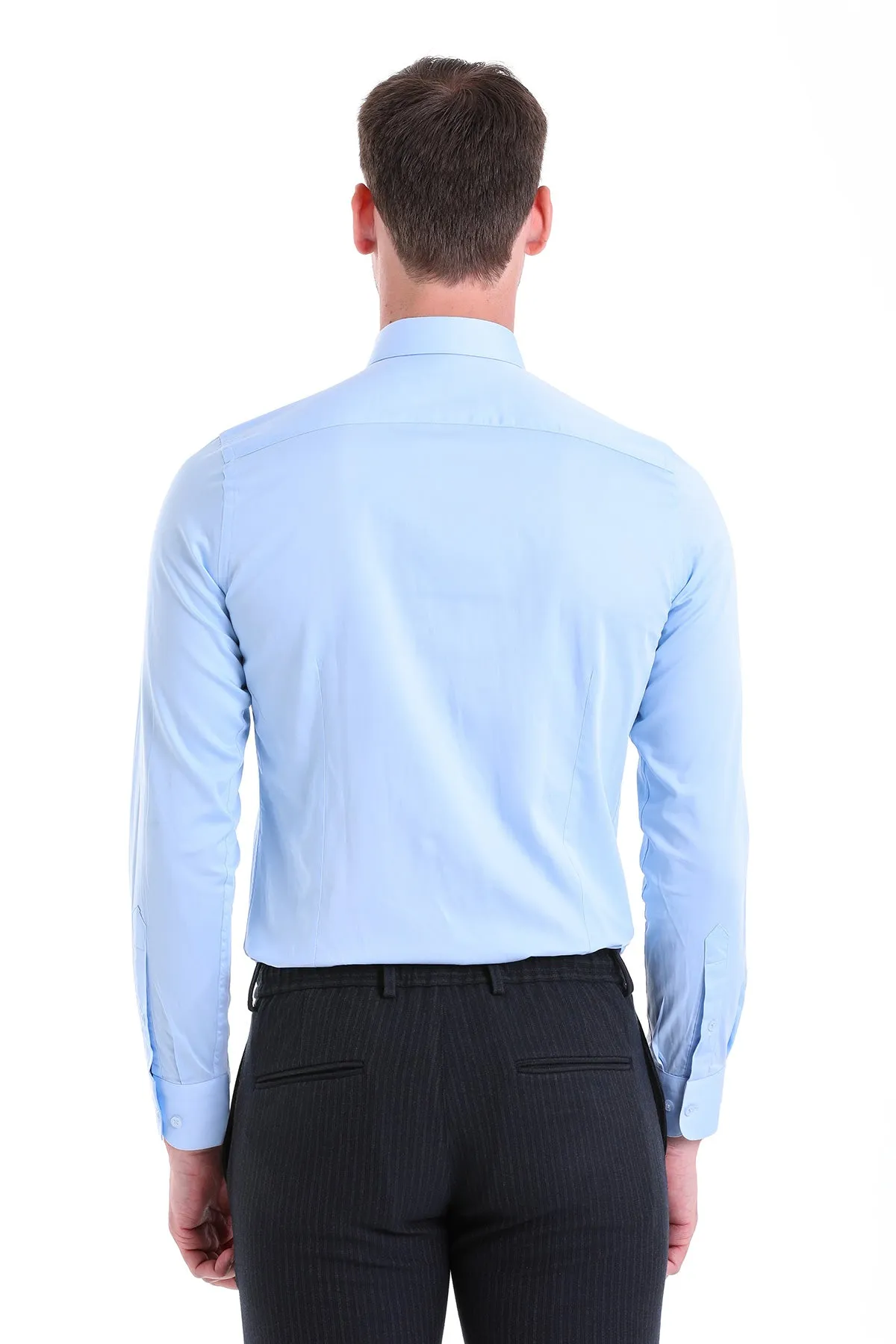 Slim Fit Long Sleeve Plain Cotton Dress Shirt, Light. Blue