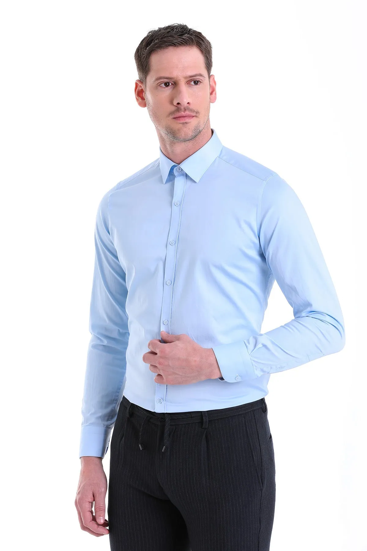 Slim Fit Long Sleeve Plain Cotton Dress Shirt, Light. Blue