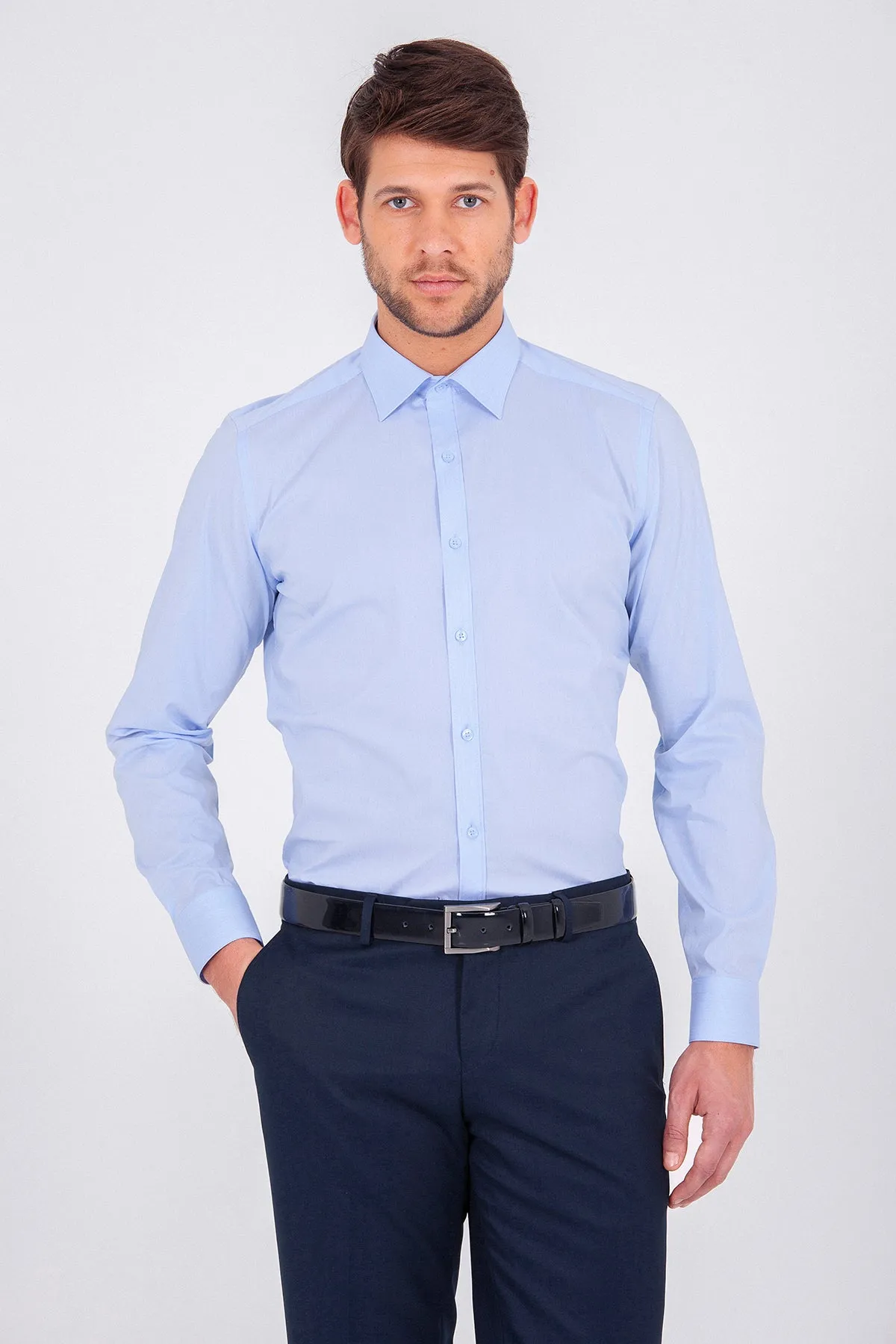 Slim Fit Plain Cotton Light Blue Casual Shirt