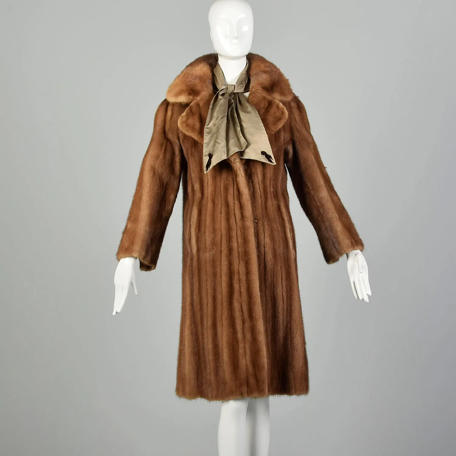 Small 1950s Real Fur Mink Swing Coat Attached Silk Scarf Mid Length