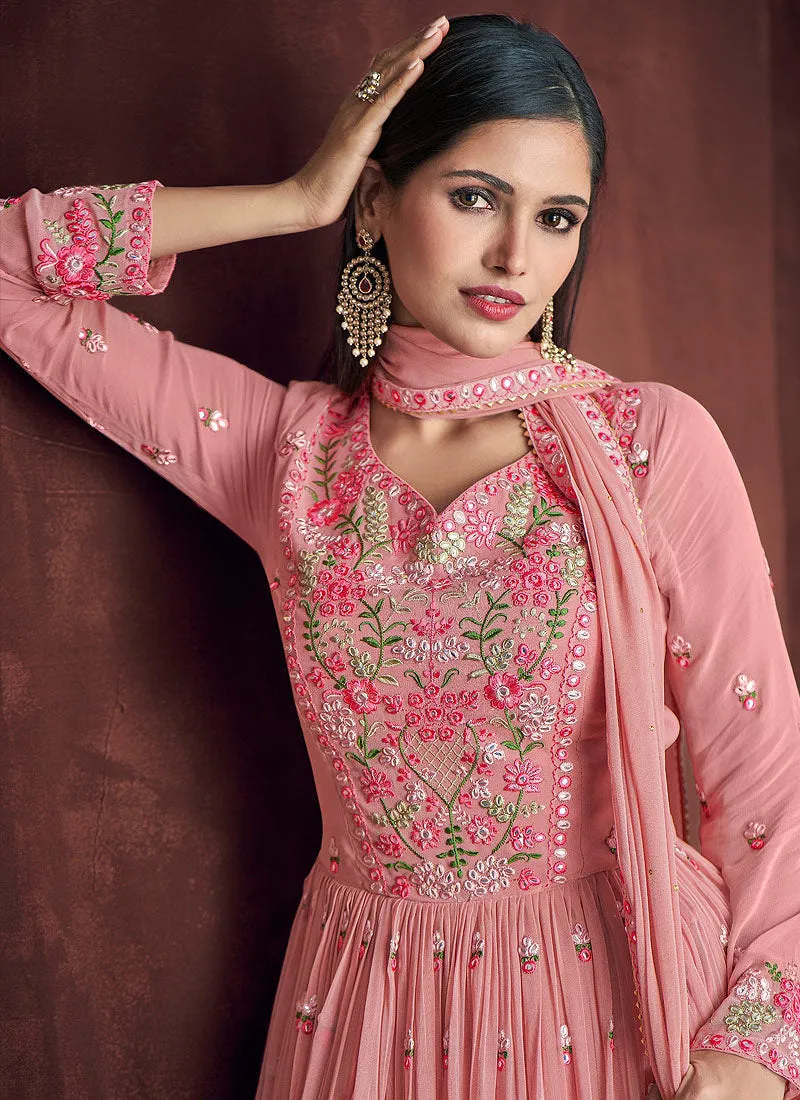 Soft Pink Embroidered Peplum Style Anarkali Lehenga Suit