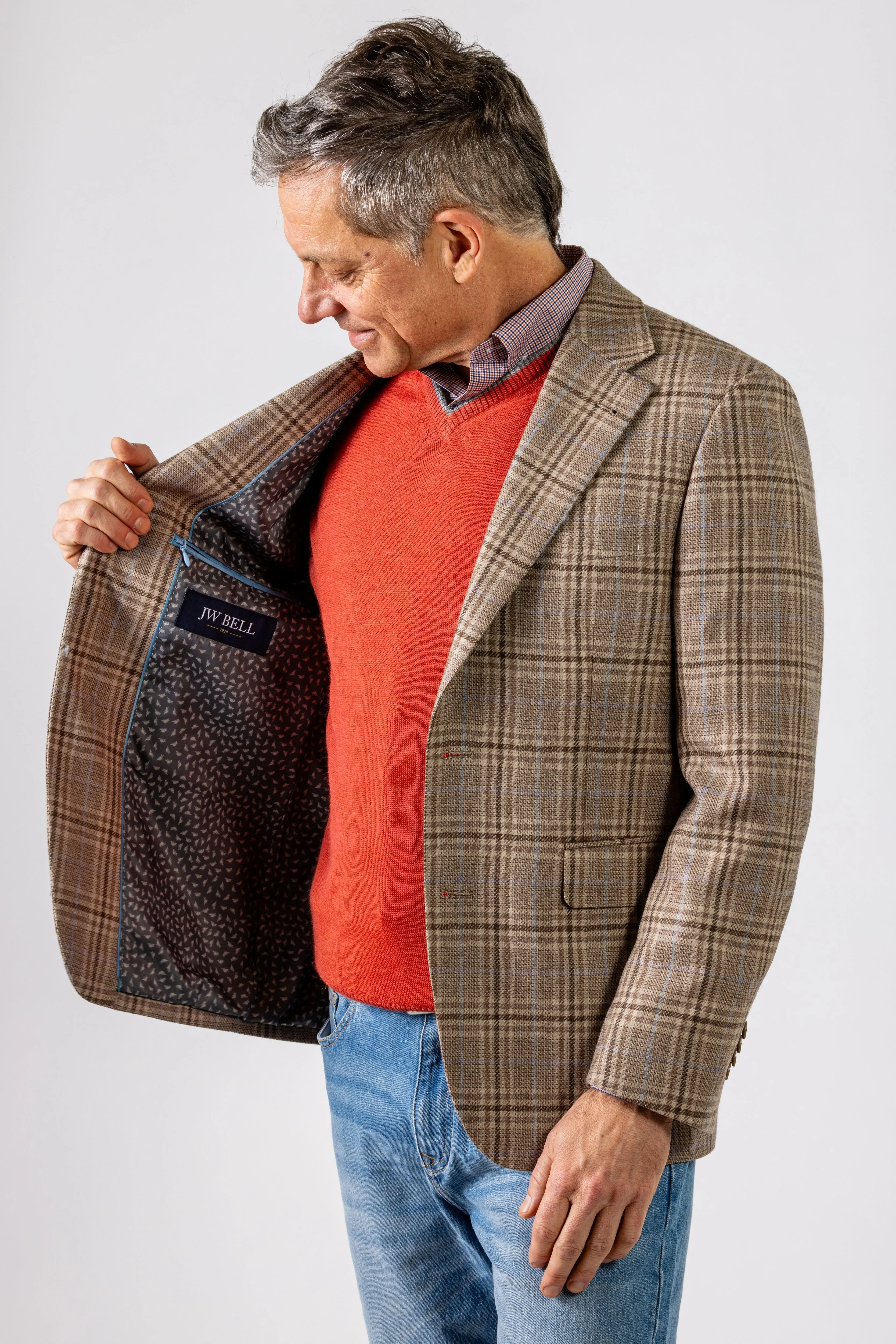 Tan Plaid with Blue & Lavender Deco Wool Sport Coat