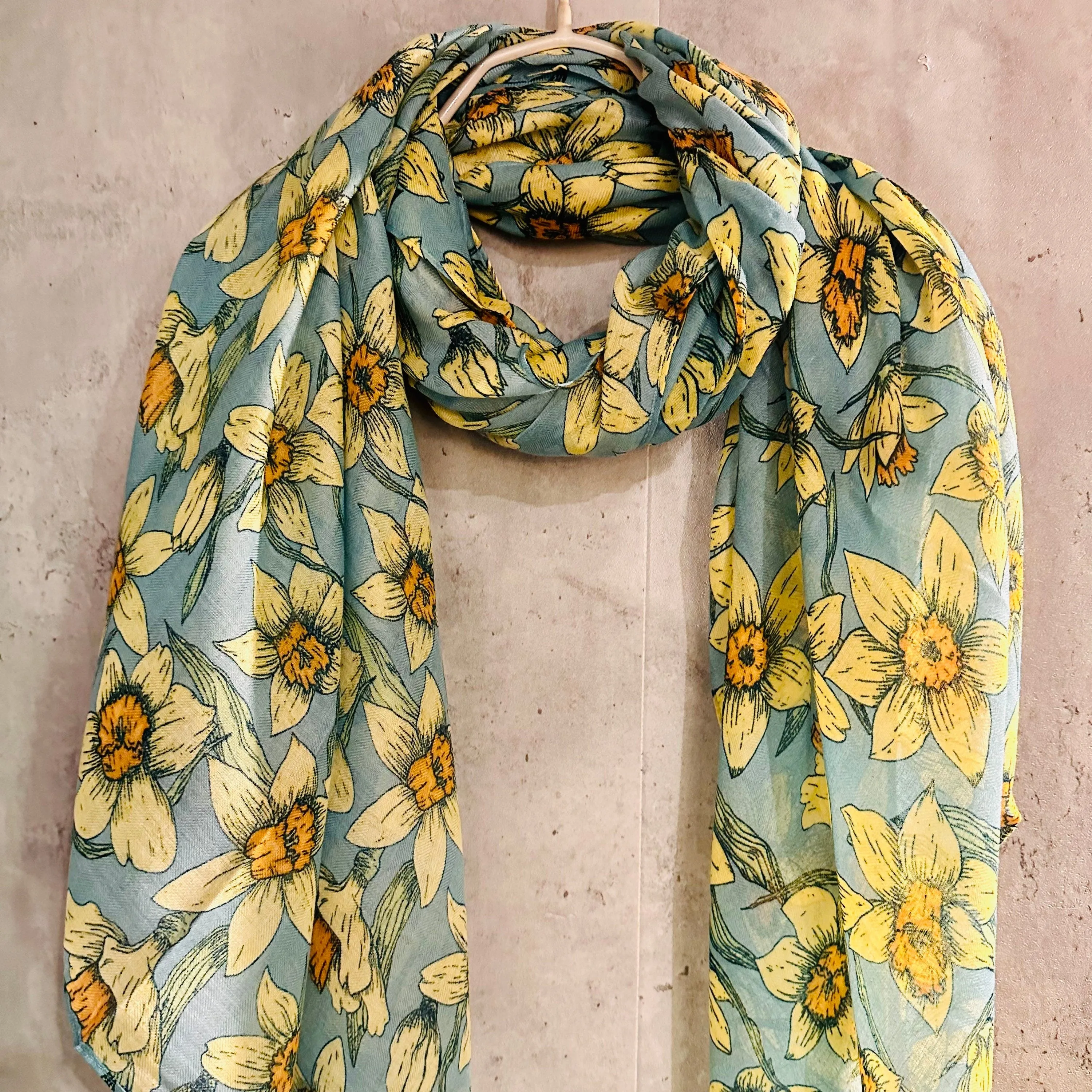 Teal Blue Organic Cotton Scarf with Eco-Friendly Seamless Daffodil Flowers – A Thoughtful Gift for Mom, Ideal for Birthday and Christmas Celebrations