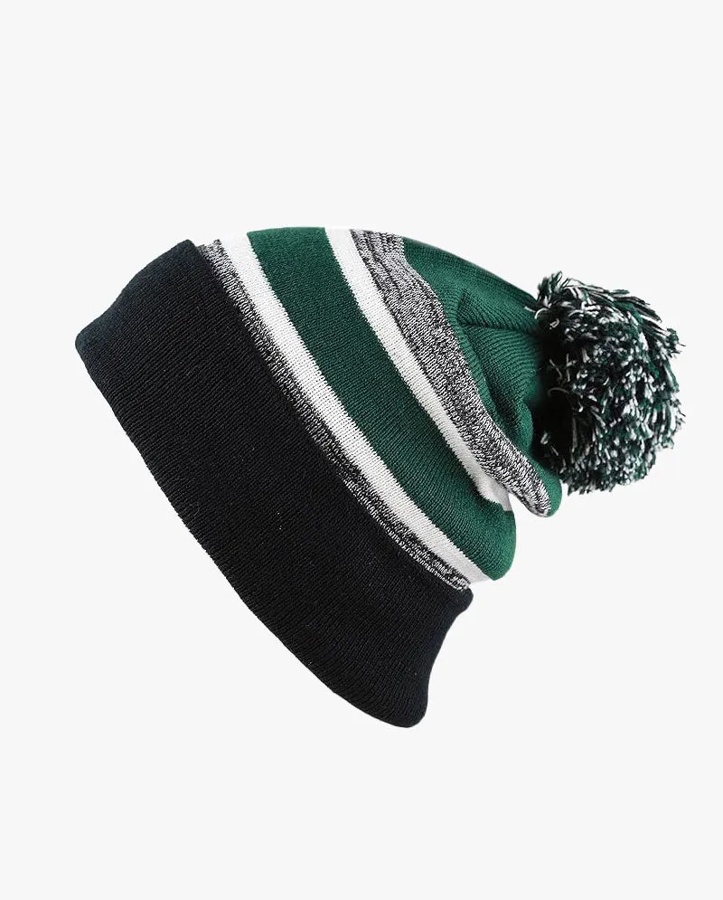 The Hat Depot - Cuffed Pom Pom Stripe Knit Slouch Beanie