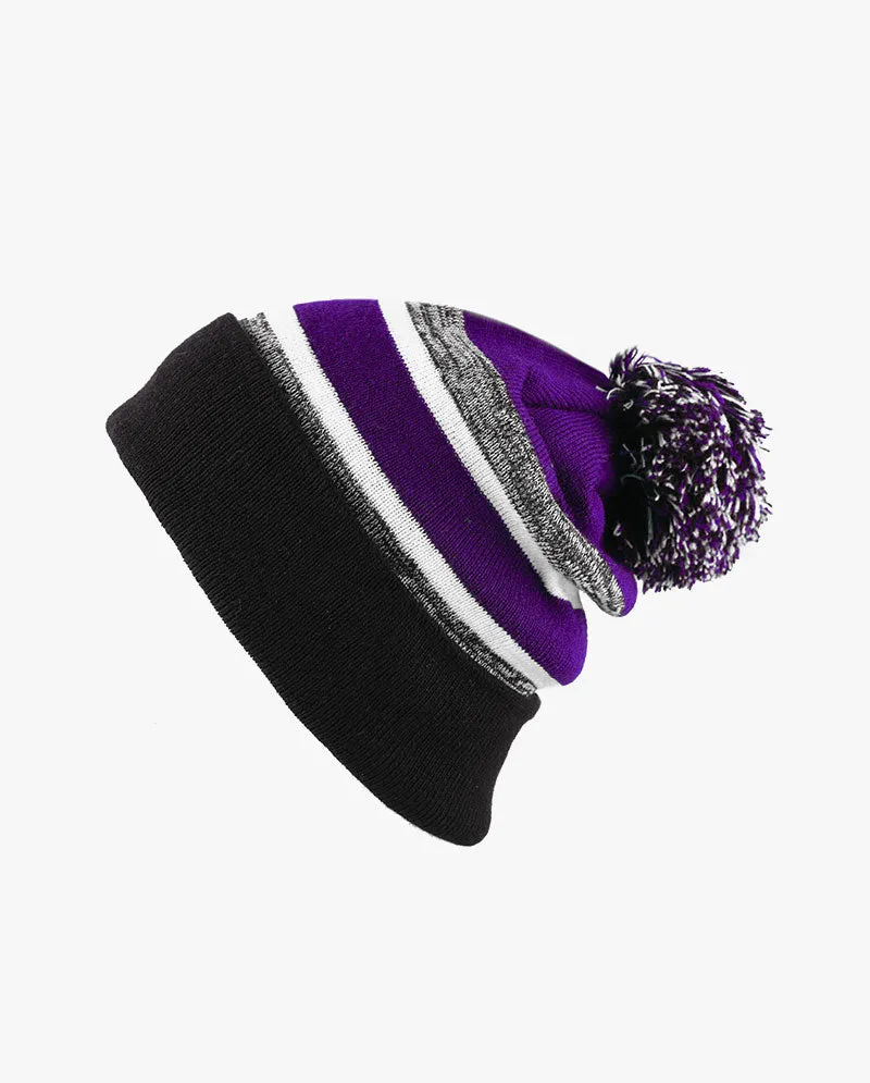 The Hat Depot - Cuffed Pom Pom Stripe Knit Slouch Beanie