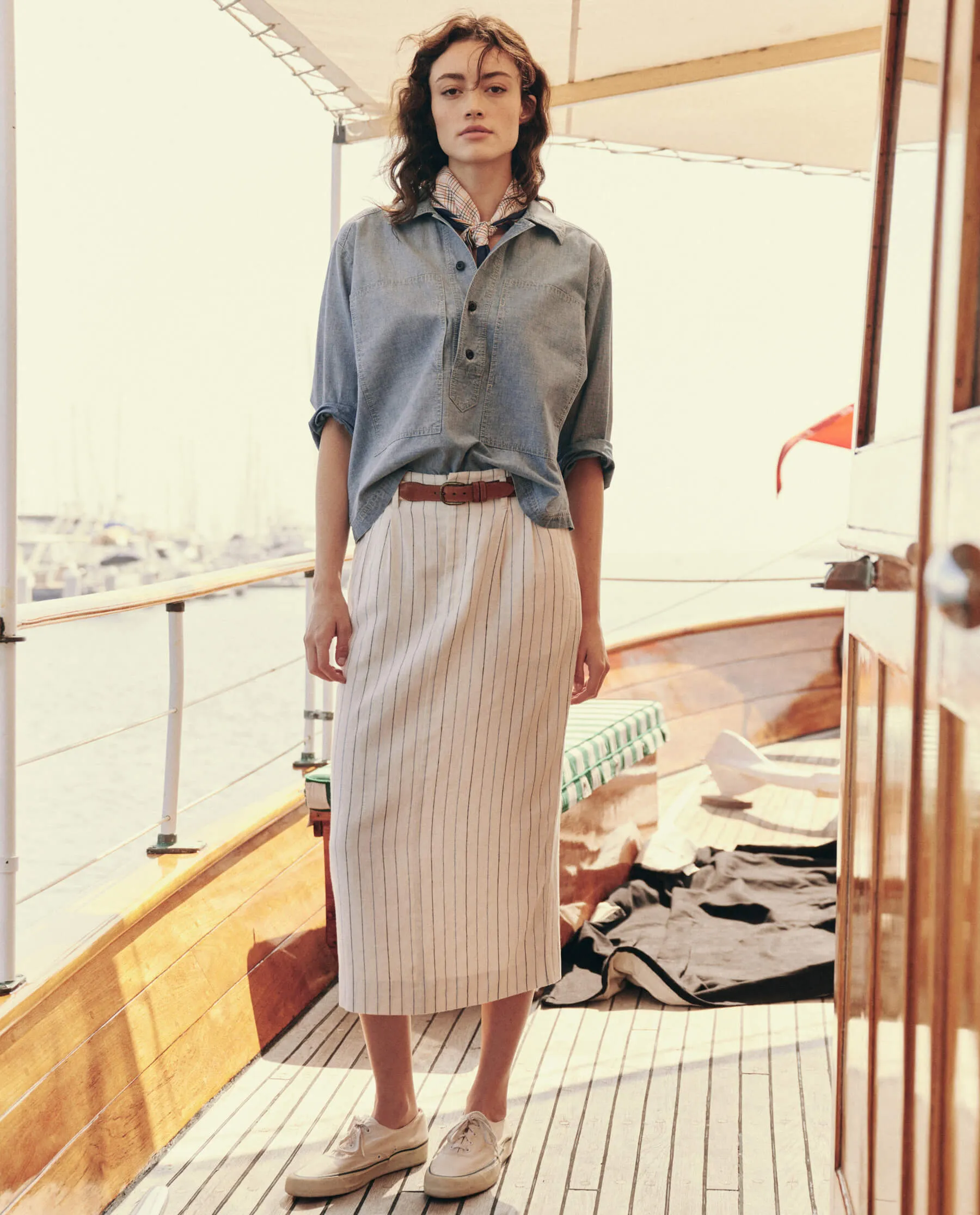 The Pleated Column Skirt. -- Cream Pinstripe