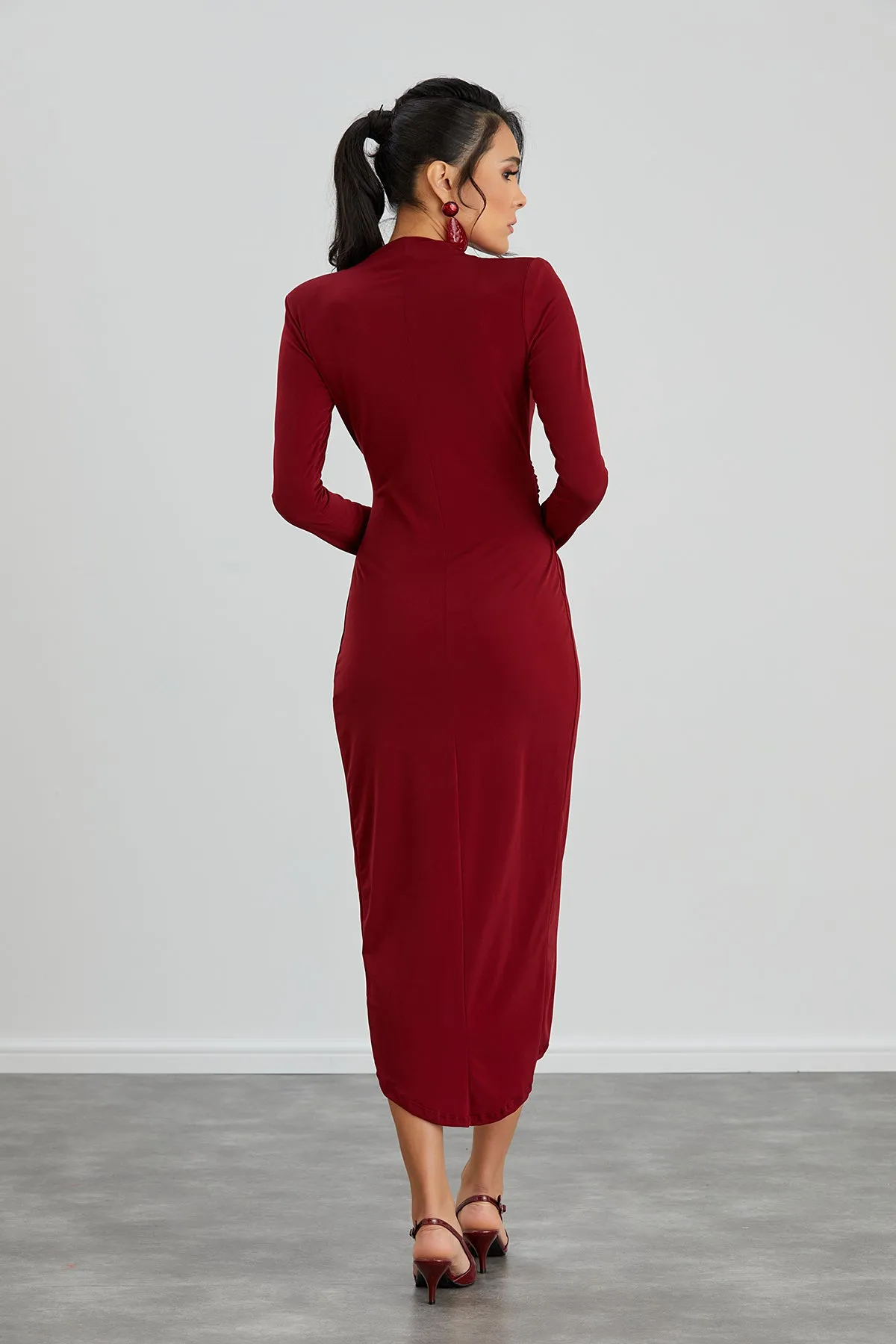 Timeless Wrap Midi Dress with Front Slit in Rich Burgundy