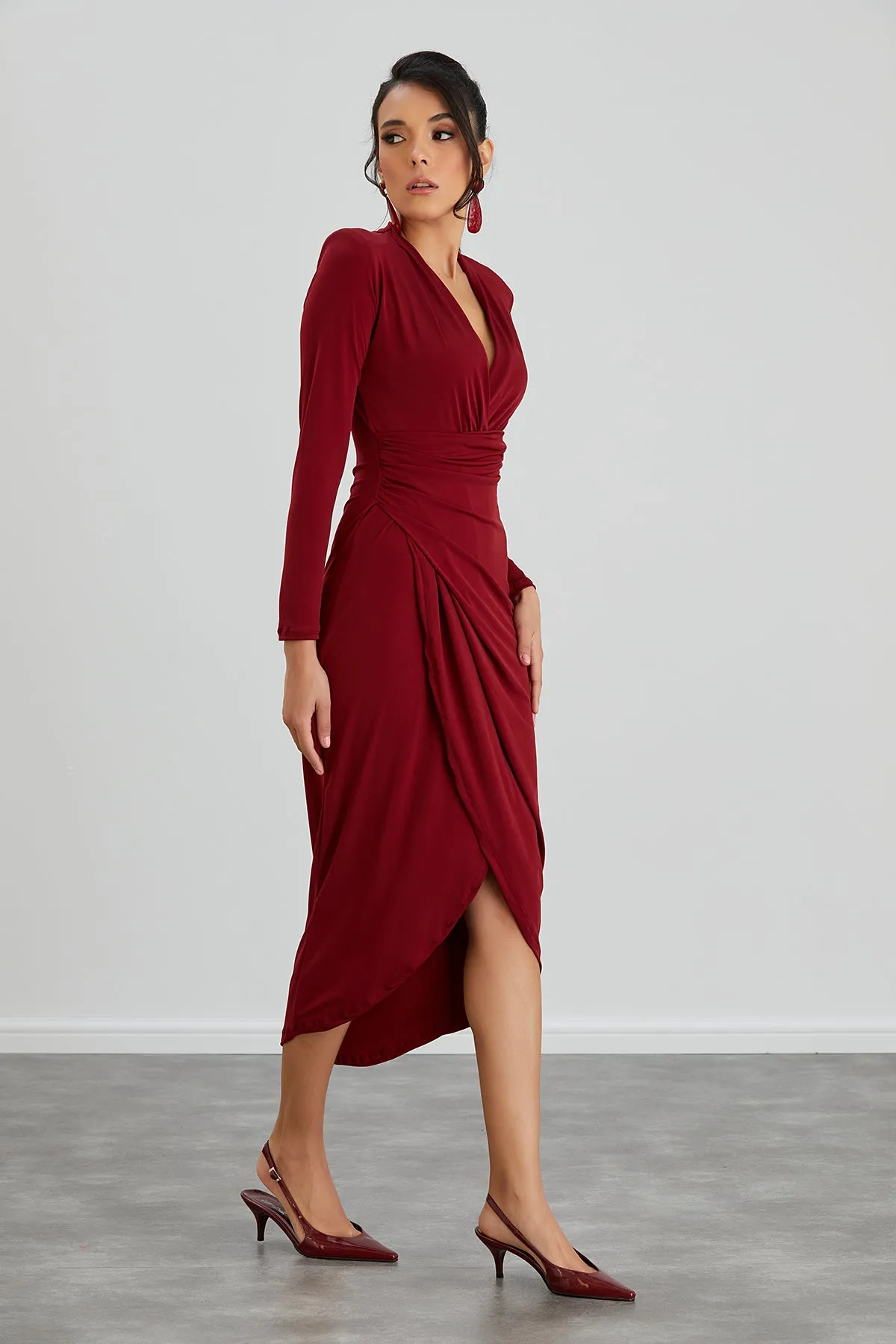 Timeless Wrap Midi Dress with Front Slit in Rich Burgundy