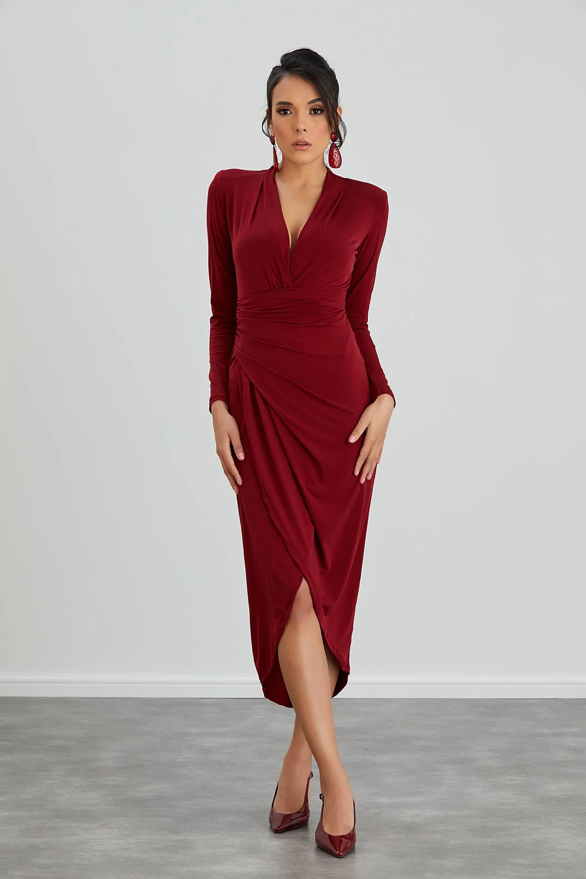 Timeless Wrap Midi Dress with Front Slit in Rich Burgundy