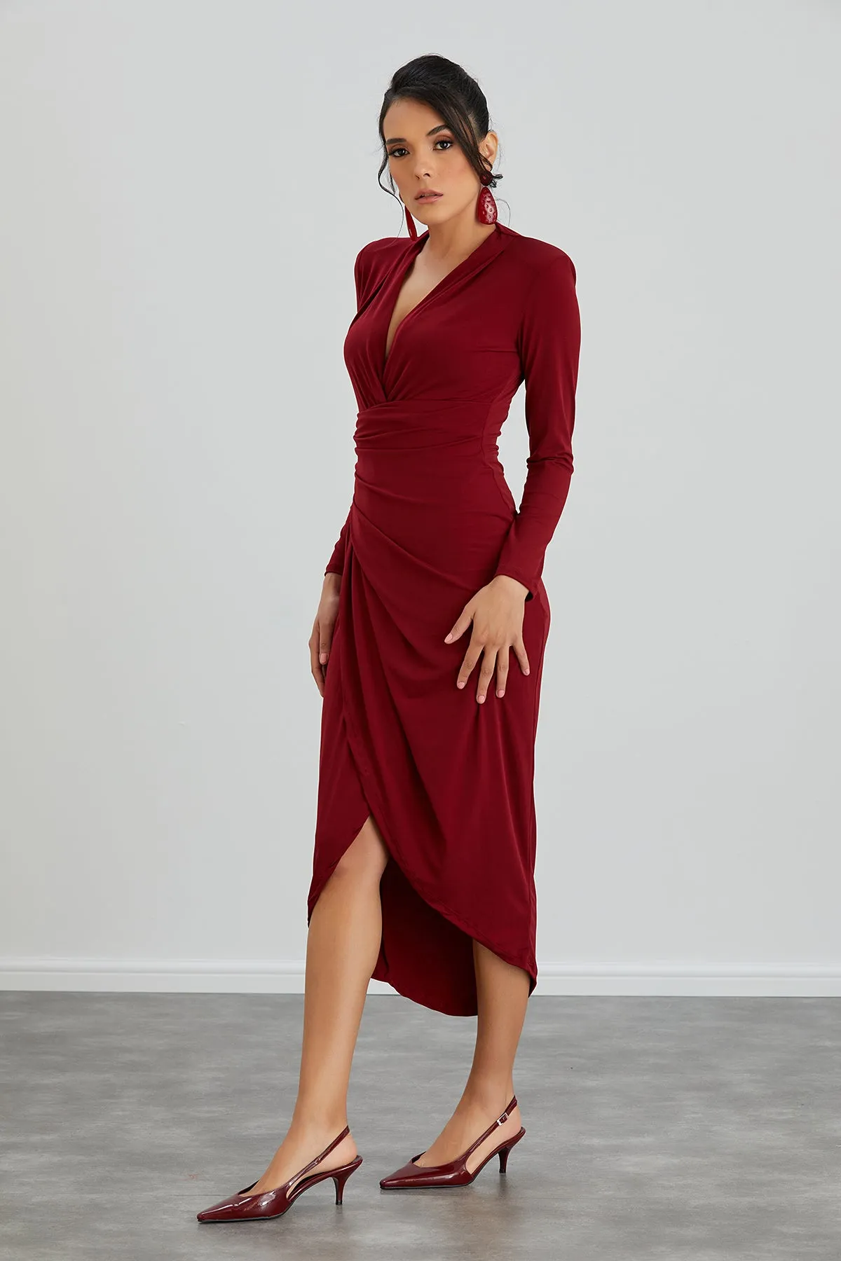 Timeless Wrap Midi Dress with Front Slit in Rich Burgundy