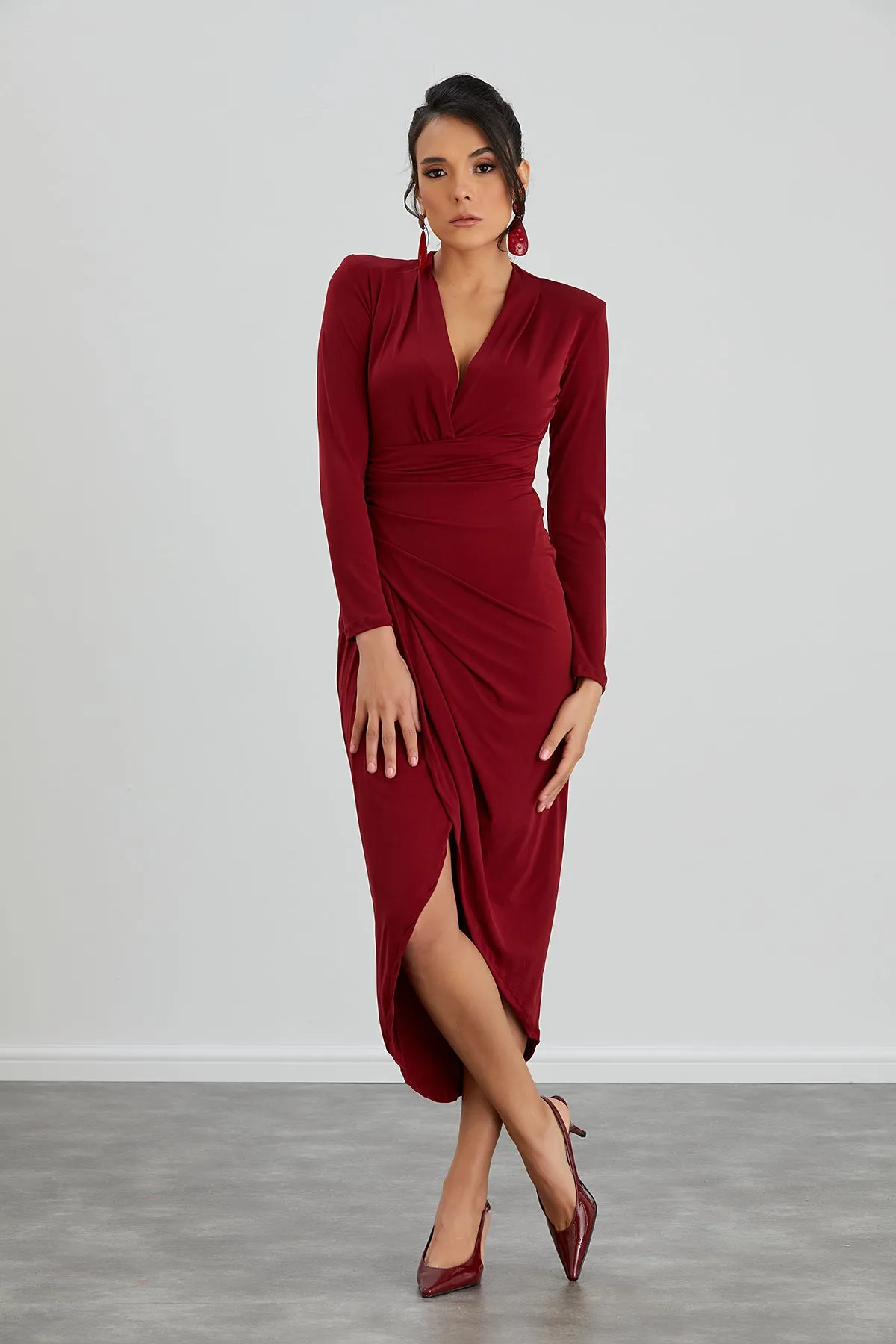 Timeless Wrap Midi Dress with Front Slit in Rich Burgundy