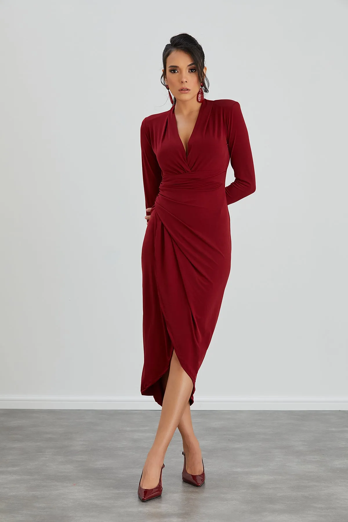 Timeless Wrap Midi Dress with Front Slit in Rich Burgundy