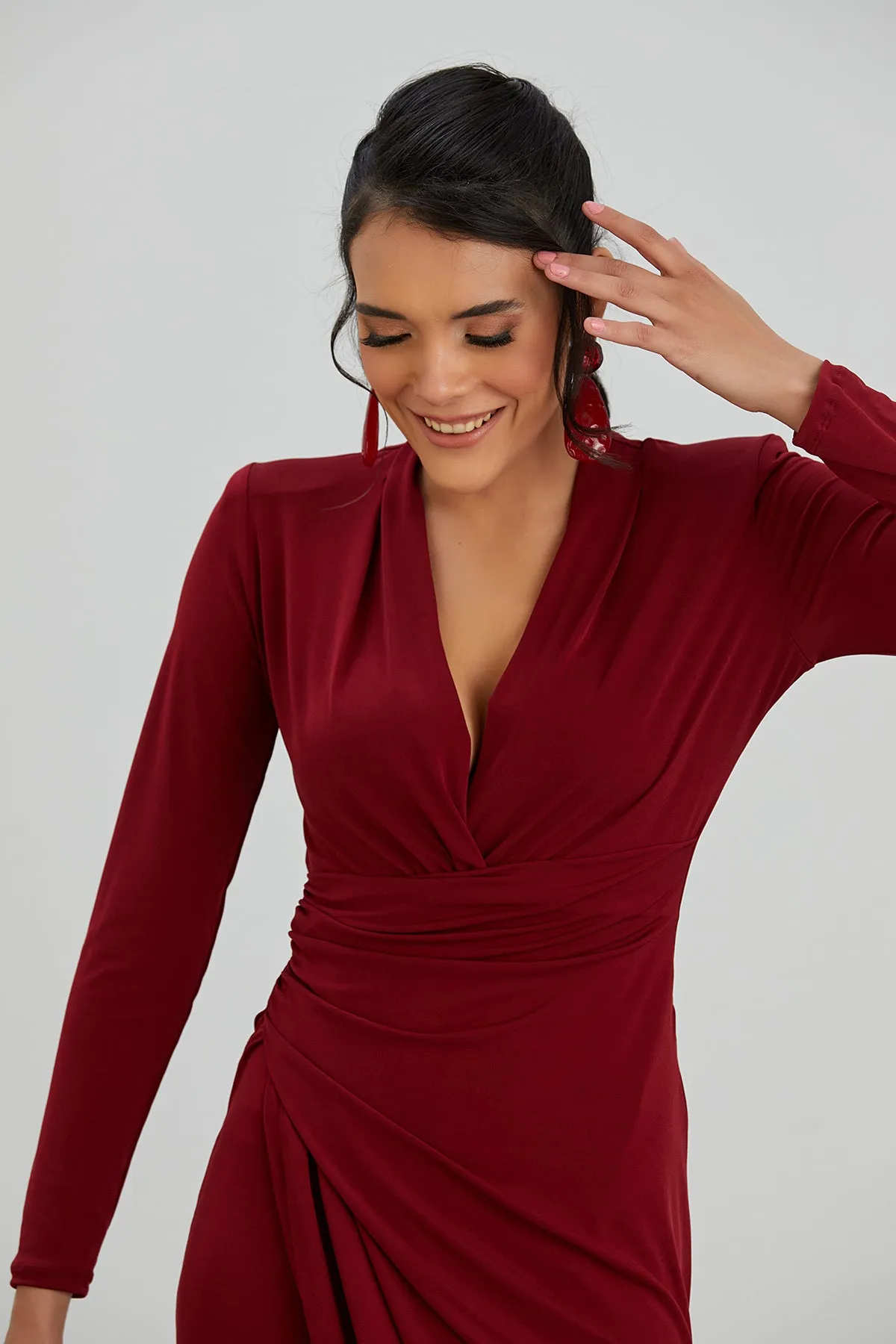 Timeless Wrap Midi Dress with Front Slit in Rich Burgundy