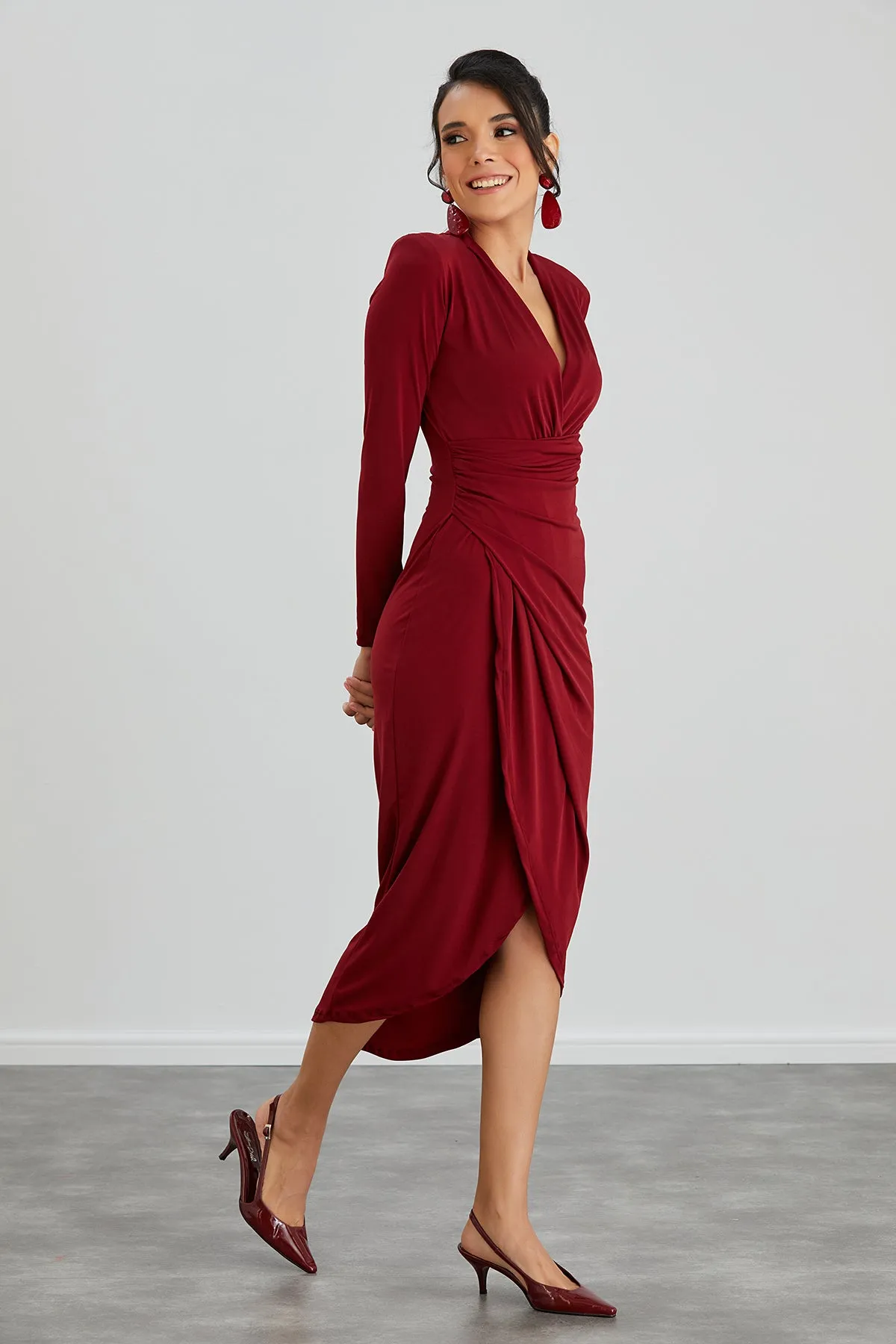 Timeless Wrap Midi Dress with Front Slit in Rich Burgundy