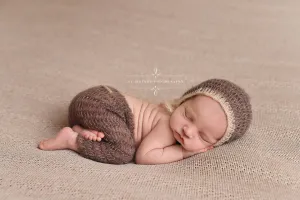 Toffee Brown and Beige Two Toned Mohair Newborn Pants and Hat Set