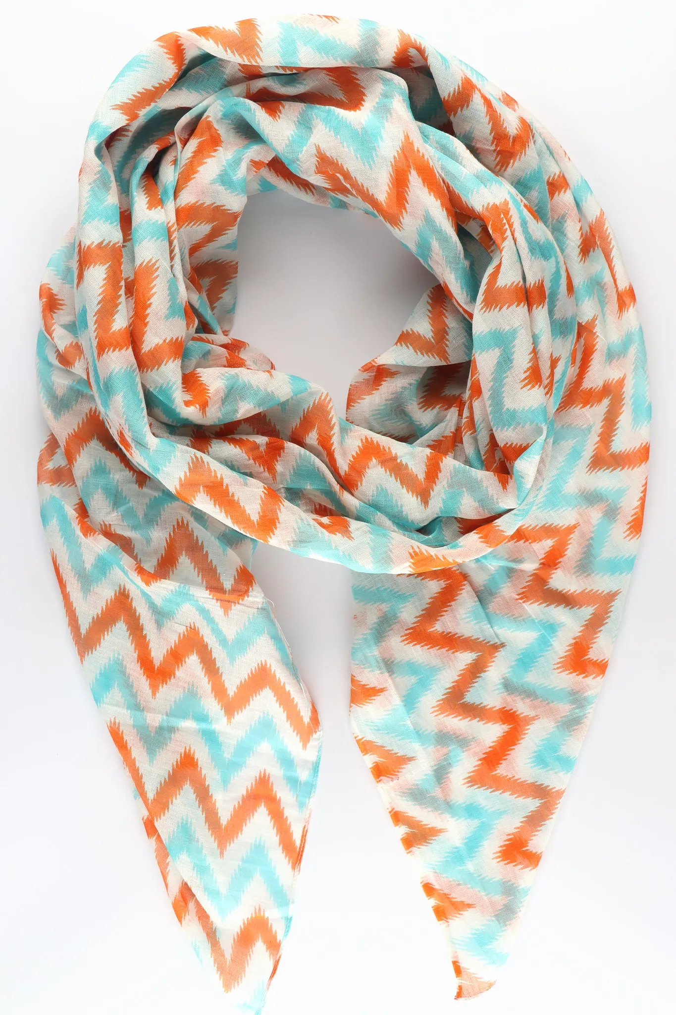 Two Tone Zig Zag Striped Cotton Scarf in Turquoise & Orange