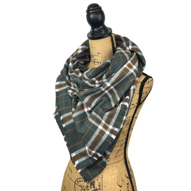 Warm Dark Smoky Green, Dark Pumpkin and White Plaid Luxe Collection Infinity and Blanket Scarves